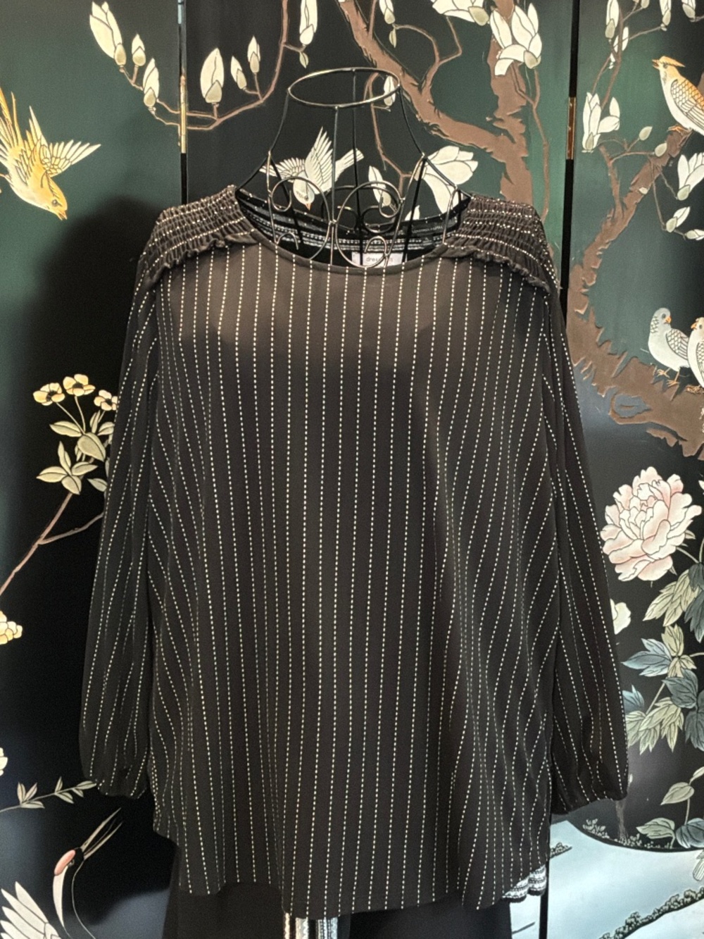 Adrianna Papell Black Pinstripe Smocked Yoke Blouse 3/4 Sleeve XL